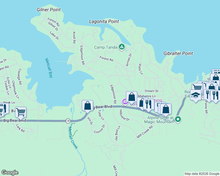map of restaurants, bars, coffee shops, grocery stores, and more near 578 Edgemoor Road in Big Bear Lake