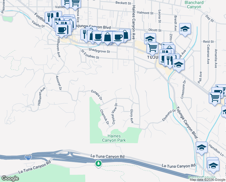 map of restaurants, bars, coffee shops, grocery stores, and more near 9619 Crystal View Drive in Los Angeles