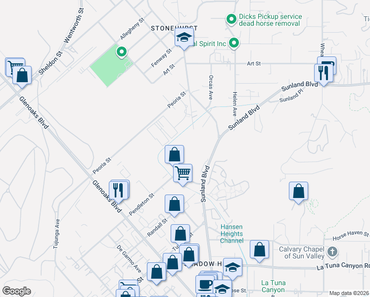 map of restaurants, bars, coffee shops, grocery stores, and more near 9501 Clybourn Avenue in Los Angeles