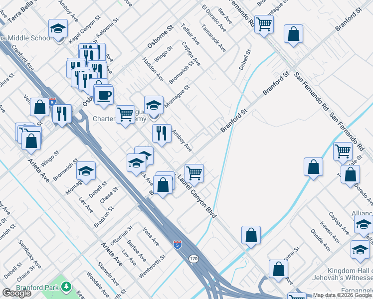 map of restaurants, bars, coffee shops, grocery stores, and more near 12856 Bracken Street in Los Angeles