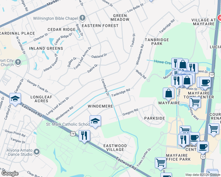 map of restaurants, bars, coffee shops, grocery stores, and more near 301 Tanbridge Road in Wilmington