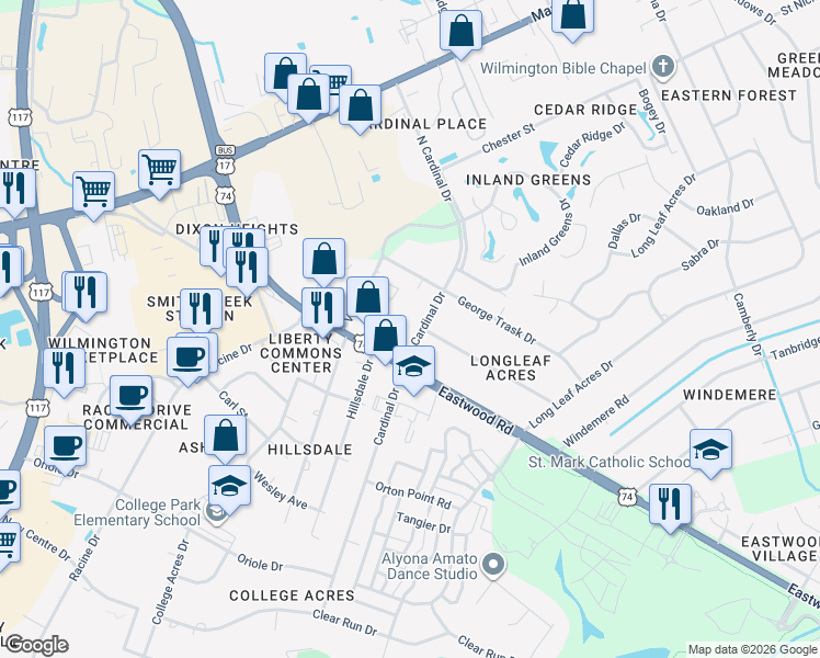 map of restaurants, bars, coffee shops, grocery stores, and more near in Wilmington