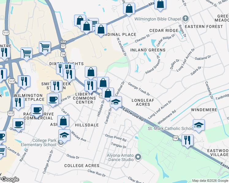 map of restaurants, bars, coffee shops, grocery stores, and more near in Wilmington