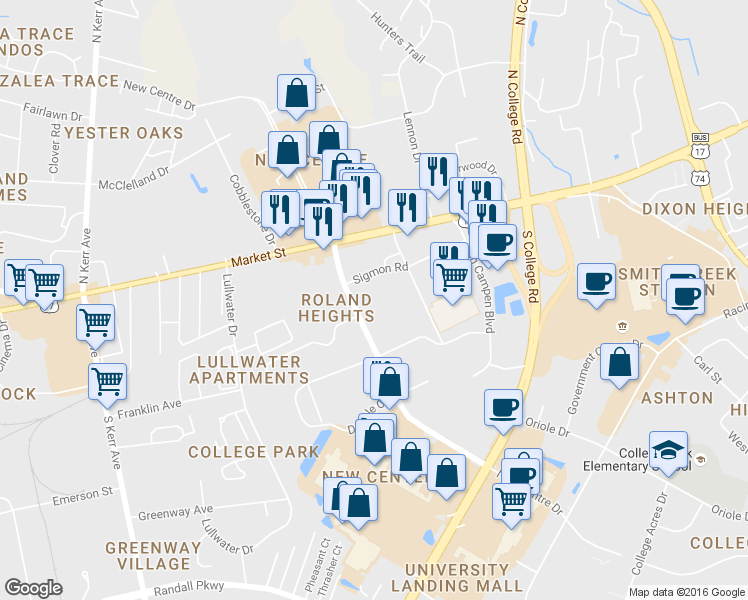 map of restaurants, bars, coffee shops, grocery stores, and more near 4951 New Centre Drive in Wilmington