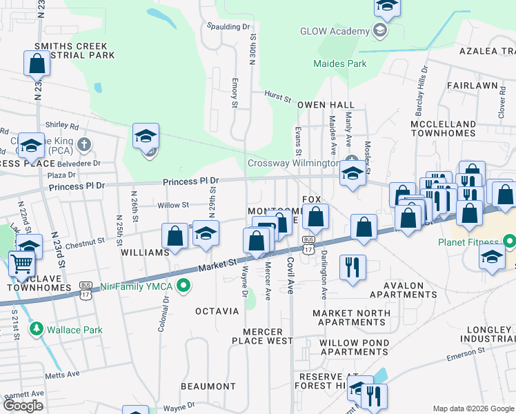 map of restaurants, bars, coffee shops, grocery stores, and more near 204 North 30th Street in Wilmington