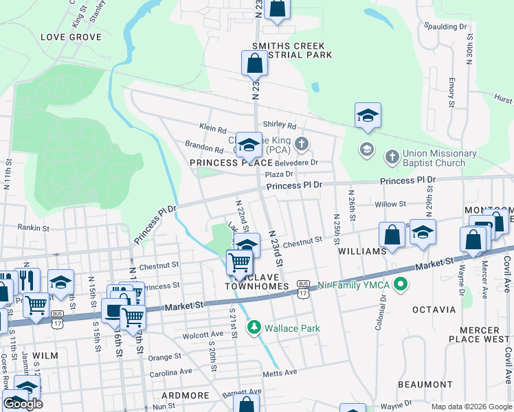 map of restaurants, bars, coffee shops, grocery stores, and more near 220 North 22nd Street in Wilmington