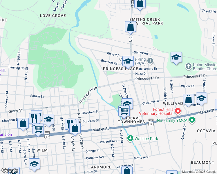 map of restaurants, bars, coffee shops, grocery stores, and more near 305 North 21st Street in Wilmington