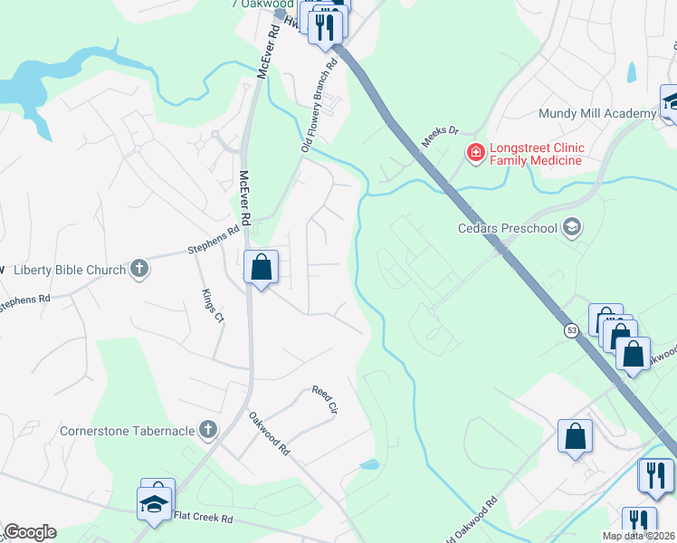 map of restaurants, bars, coffee shops, grocery stores, and more near 4938 Oak Meadow Lane in Oakwood