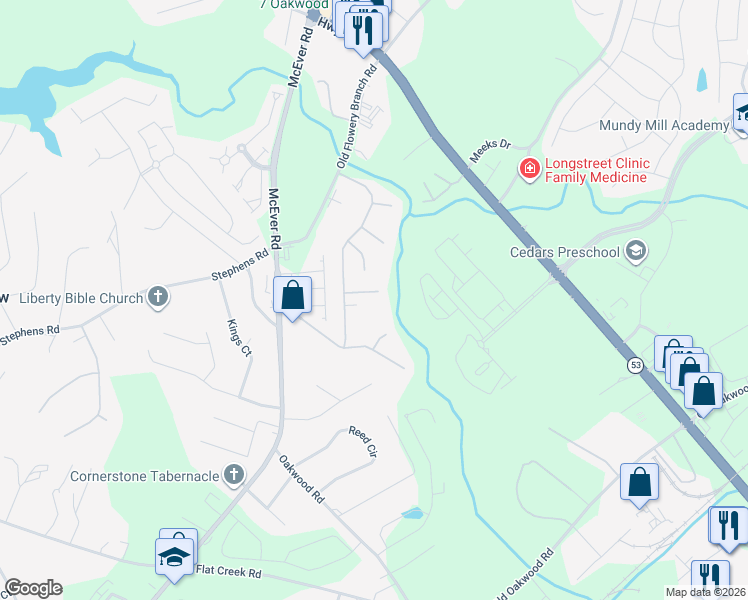 map of restaurants, bars, coffee shops, grocery stores, and more near 4934 Oak Meadow Lane in Oakwood