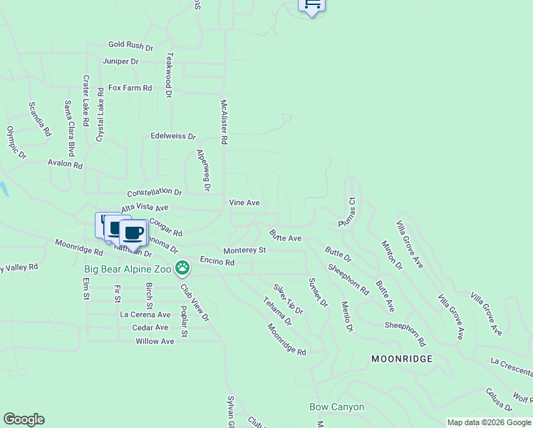 map of restaurants, bars, coffee shops, grocery stores, and more near 1141 West Alta Vista Avenue in Big Bear