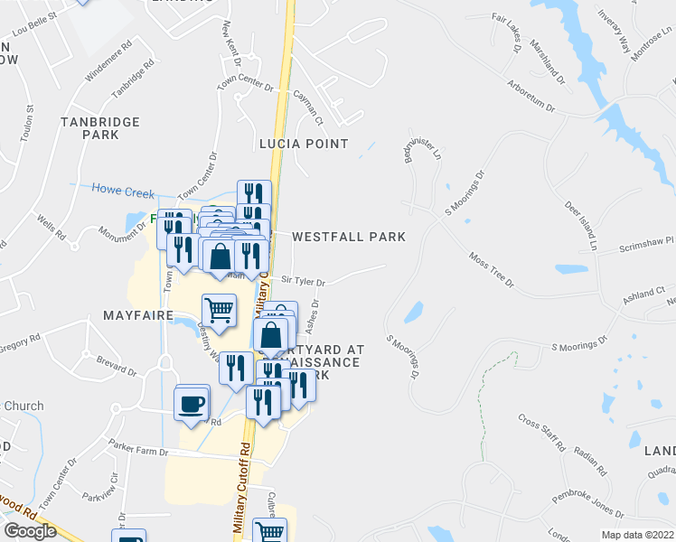 map of restaurants, bars, coffee shops, grocery stores, and more near 1808 Sir Tyler Drive in Wilmington