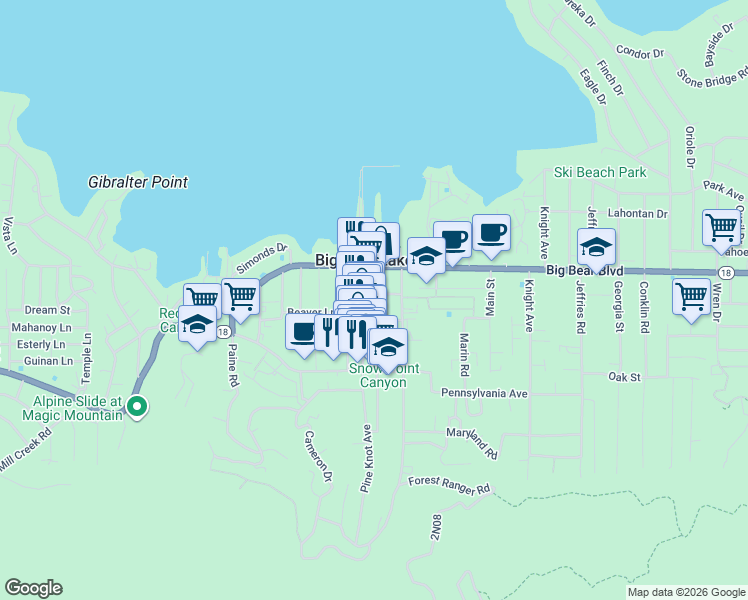 map of restaurants, bars, coffee shops, grocery stores, and more near 40827 Stone Road in Big Bear Lake