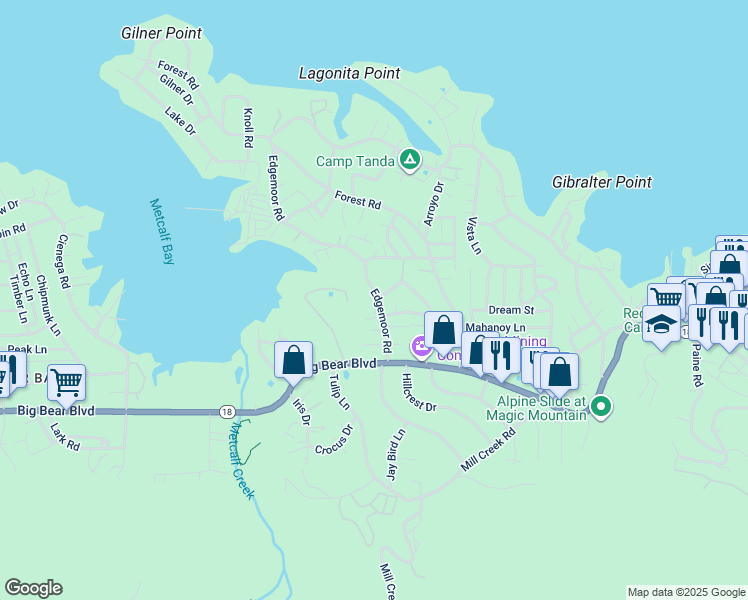 map of restaurants, bars, coffee shops, grocery stores, and more near 578 Edgemoor Road in Big Bear Lake