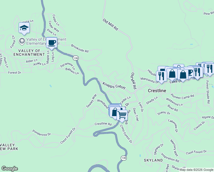 map of restaurants, bars, coffee shops, grocery stores, and more near 23412 Kay Road in Crestline