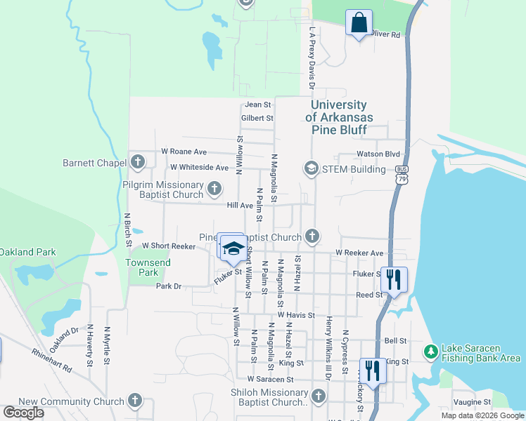 map of restaurants, bars, coffee shops, grocery stores, and more near 1117 North Palm Street in Pine Bluff
