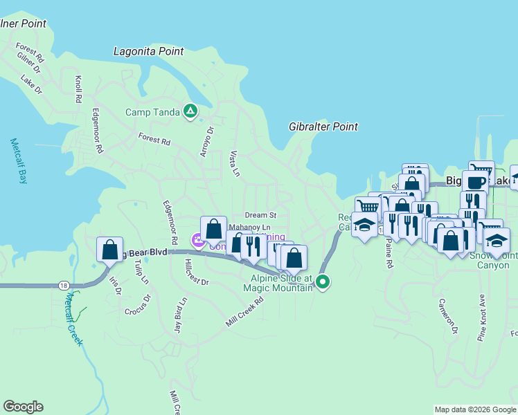 map of restaurants, bars, coffee shops, grocery stores, and more near 561 Waynoka Lane in Big Bear Lake