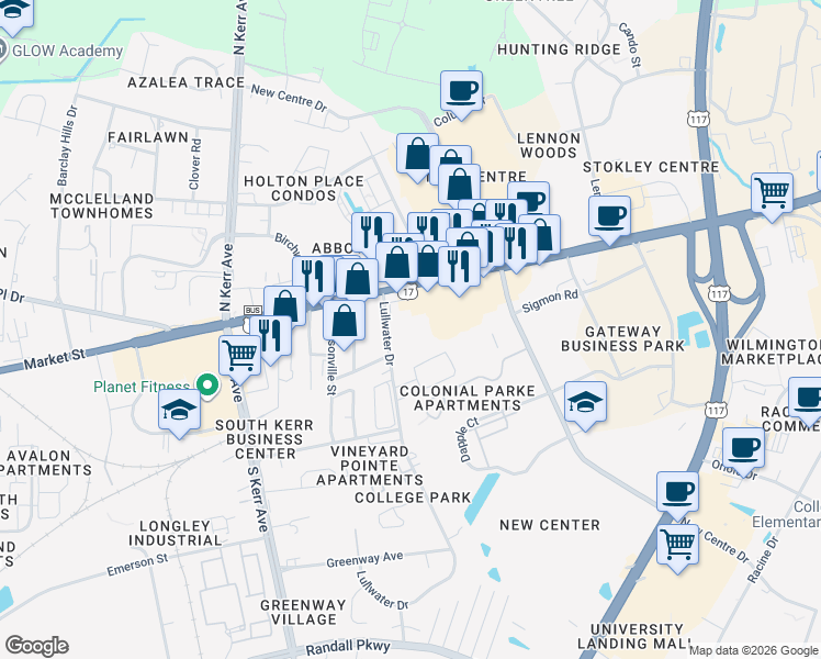 map of restaurants, bars, coffee shops, grocery stores, and more near 5018 Market Street in Wilmington