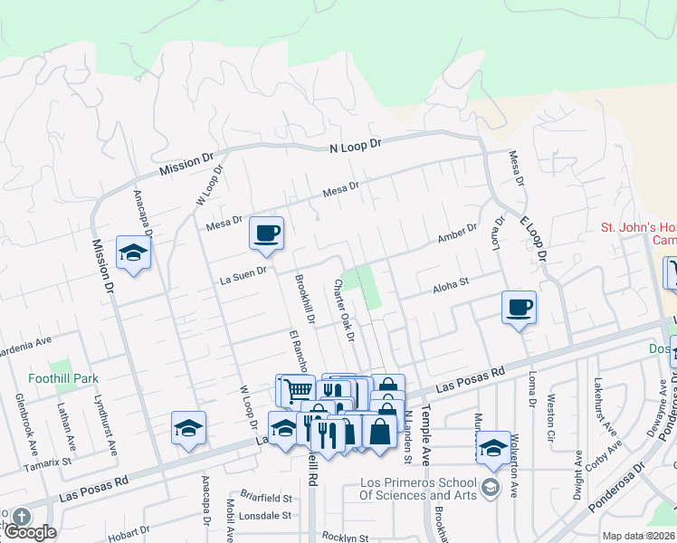 map of restaurants, bars, coffee shops, grocery stores, and more near 2496 Parkway Drive in Camarillo