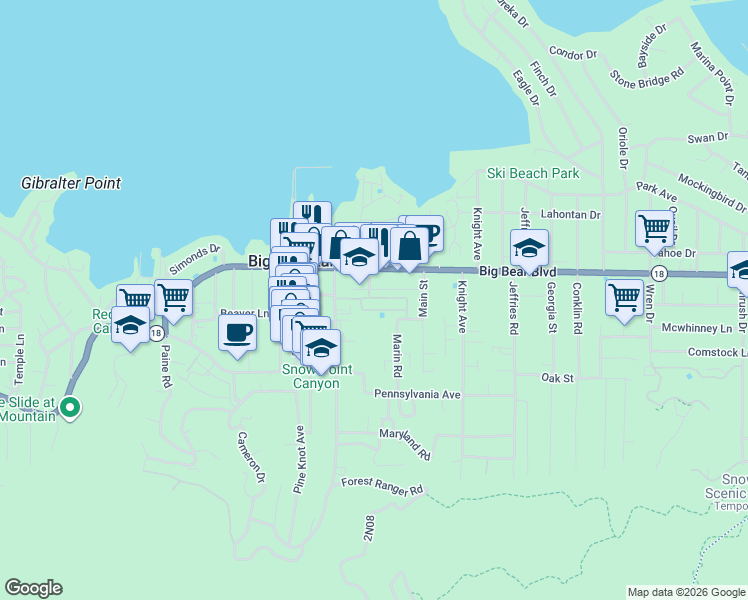 map of restaurants, bars, coffee shops, grocery stores, and more near 547 Alden Road in Big Bear Lake