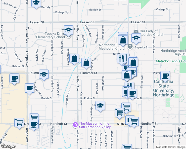map of restaurants, bars, coffee shops, grocery stores, and more near 18746 Plummer Street in Los Angeles