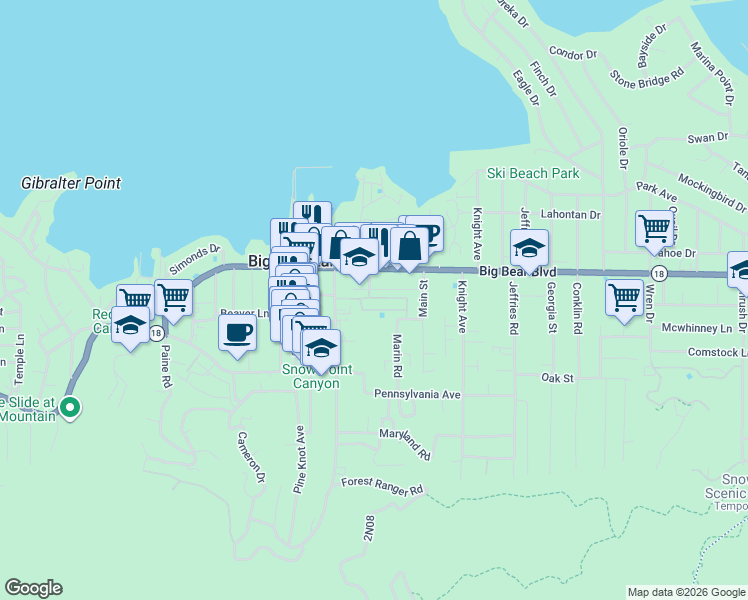map of restaurants, bars, coffee shops, grocery stores, and more near 547 Alden Road in Big Bear Lake