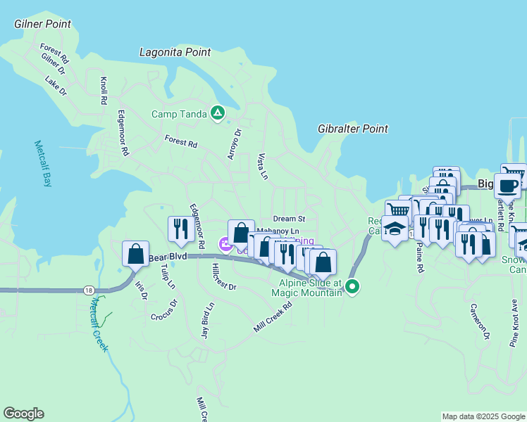 map of restaurants, bars, coffee shops, grocery stores, and more near 561 Lakewood Lane in Big Bear Lake