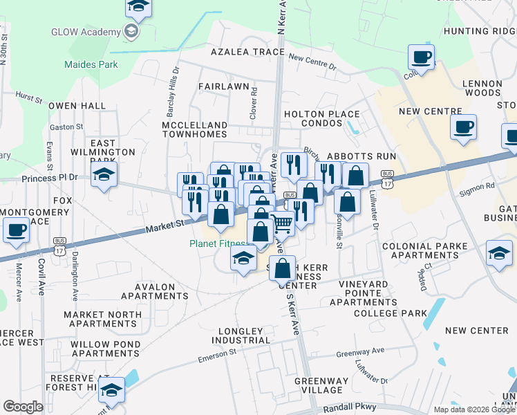 map of restaurants, bars, coffee shops, grocery stores, and more near 4414 Market Street in Wilmington