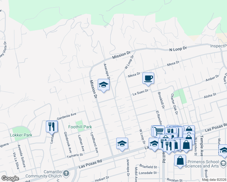 map of restaurants, bars, coffee shops, grocery stores, and more near 516 Anacapa Drive in Camarillo
