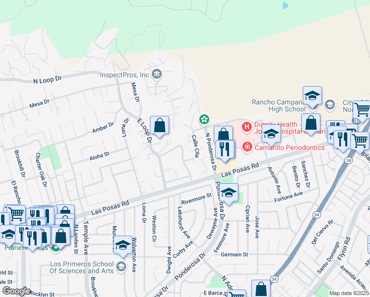 map of restaurants, bars, coffee shops, grocery stores, and more near 2336 San Ysidro Street in Camarillo