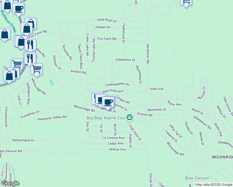 map of restaurants, bars, coffee shops, grocery stores, and more near 42687 Cougar Road in Big Bear Lake