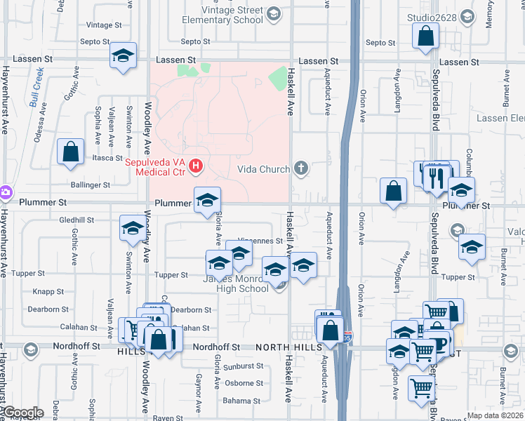 map of restaurants, bars, coffee shops, grocery stores, and more near 15846 Plummer Street in Los Angeles