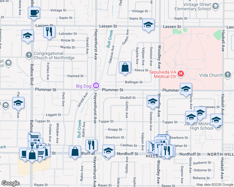 map of restaurants, bars, coffee shops, grocery stores, and more near 9462 Odessa Avenue in Los Angeles