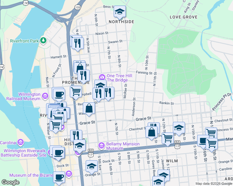map of restaurants, bars, coffee shops, grocery stores, and more near 507 North 7th Street in Wilmington