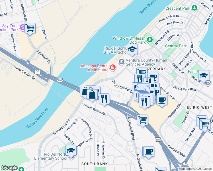 map of restaurants, bars, coffee shops, grocery stores, and more near 901 Town Center Drive in Oxnard