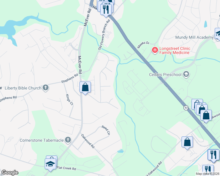map of restaurants, bars, coffee shops, grocery stores, and more near 4938 Oak Meadow Lane in Oakwood