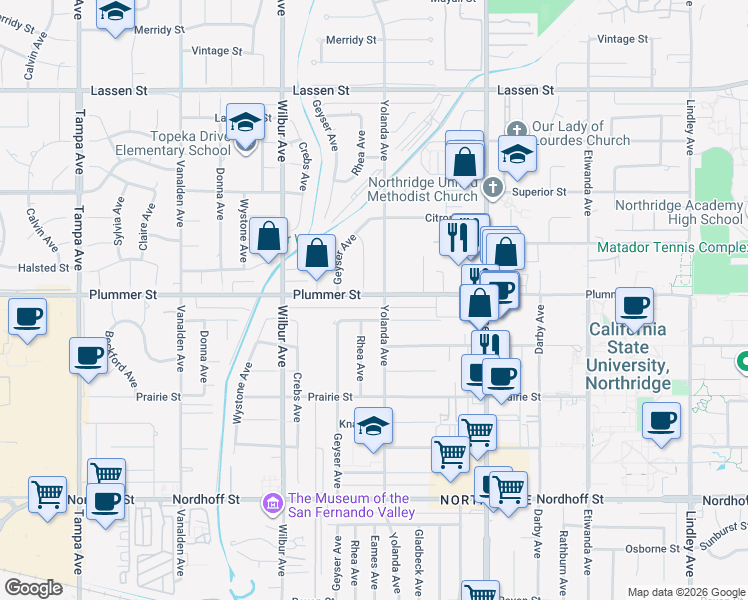 map of restaurants, bars, coffee shops, grocery stores, and more near 18706 Plummer Street in Los Angeles
