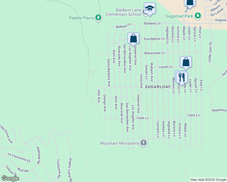 map of restaurants, bars, coffee shops, grocery stores, and more near 526 Kern Avenue in Big Bear