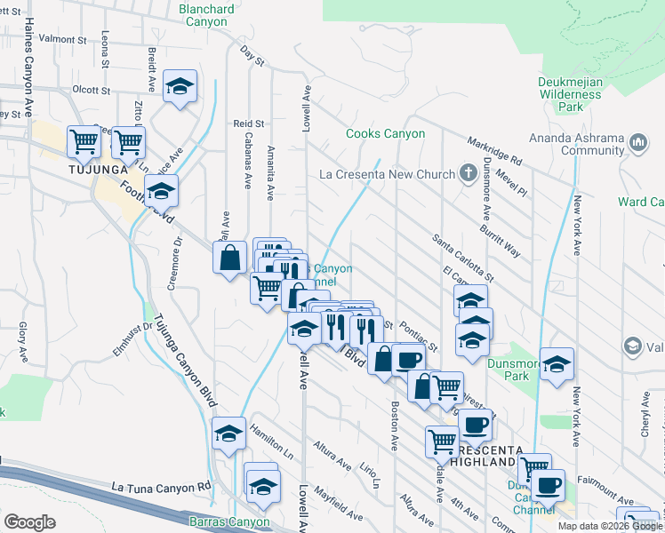 map of restaurants, bars, coffee shops, grocery stores, and more near 3945 Franklin Street in Glendale
