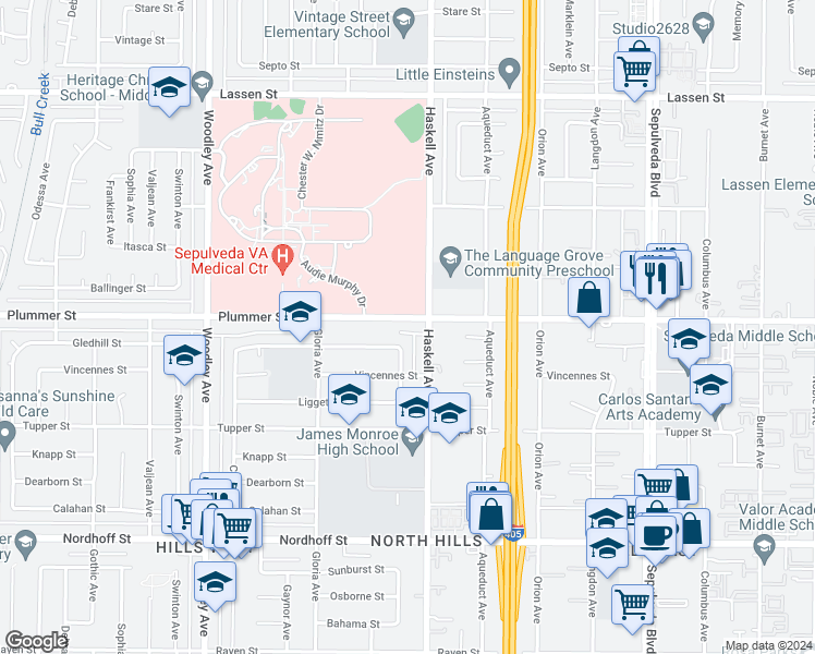 map of restaurants, bars, coffee shops, grocery stores, and more near 15822 Plummer Street in Los Angeles