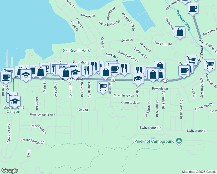 map of restaurants, bars, coffee shops, grocery stores, and more near 558 Wren Drive in Big Bear Lake