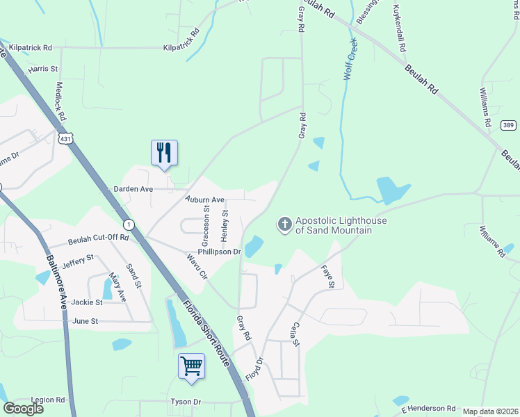 map of restaurants, bars, coffee shops, grocery stores, and more near 581 Gray Road in Albertville