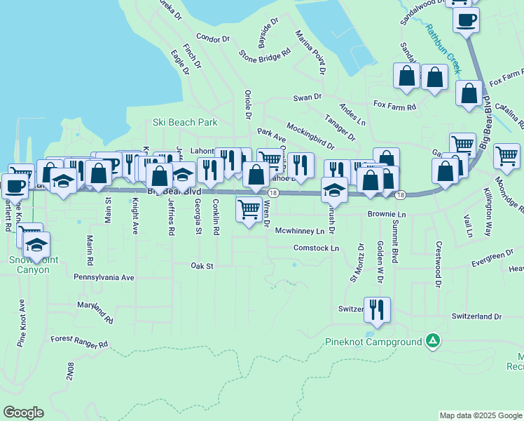 map of restaurants, bars, coffee shops, grocery stores, and more near 558 Wren Drive in Big Bear Lake