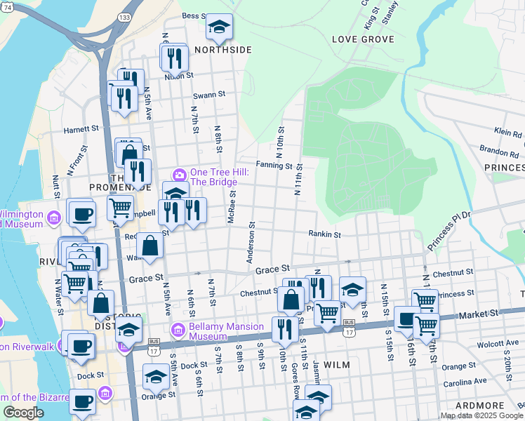 map of restaurants, bars, coffee shops, grocery stores, and more near 910 Campbell Street in Wilmington