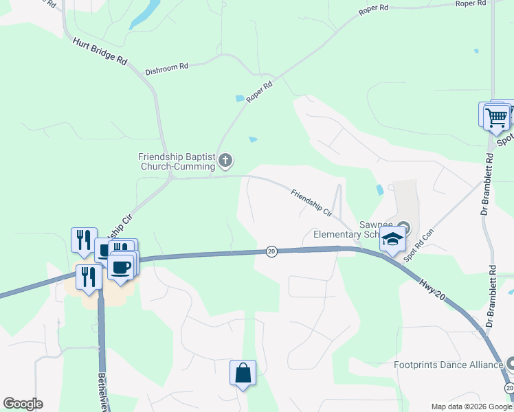 map of restaurants, bars, coffee shops, grocery stores, and more near 2275 Williams Lane in Cumming
