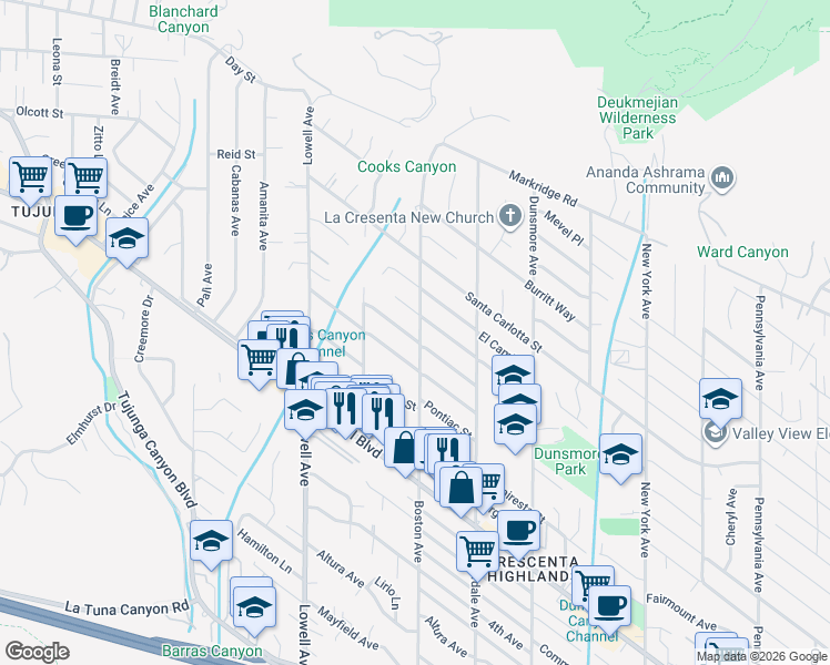 map of restaurants, bars, coffee shops, grocery stores, and more near 4720 Boston Avenue in Glendale