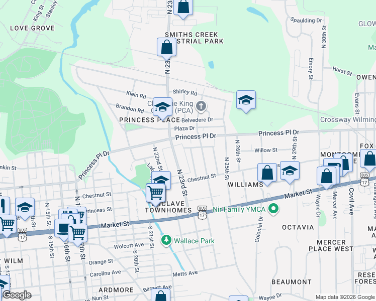 map of restaurants, bars, coffee shops, grocery stores, and more near 302 North 23rd Street in Wilmington