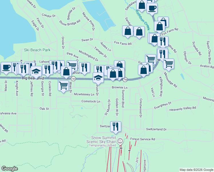 map of restaurants, bars, coffee shops, grocery stores, and more near 41764 Brownie Lane in Big Bear Lake