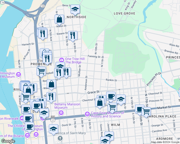 map of restaurants, bars, coffee shops, grocery stores, and more near 910 Campbell Street in Wilmington