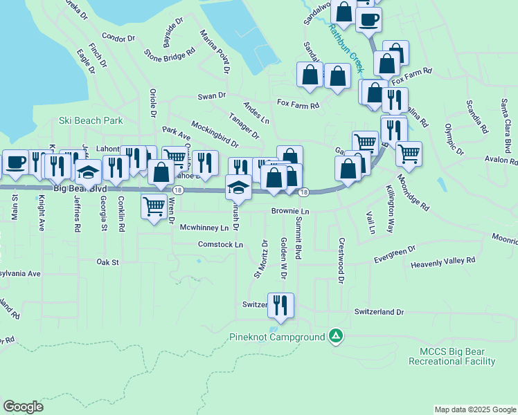 map of restaurants, bars, coffee shops, grocery stores, and more near 41764 Brownie Lane in Big Bear Lake