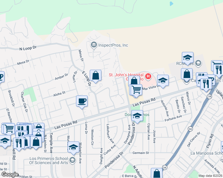 map of restaurants, bars, coffee shops, grocery stores, and more near 2336 San Ysidro Street in Camarillo